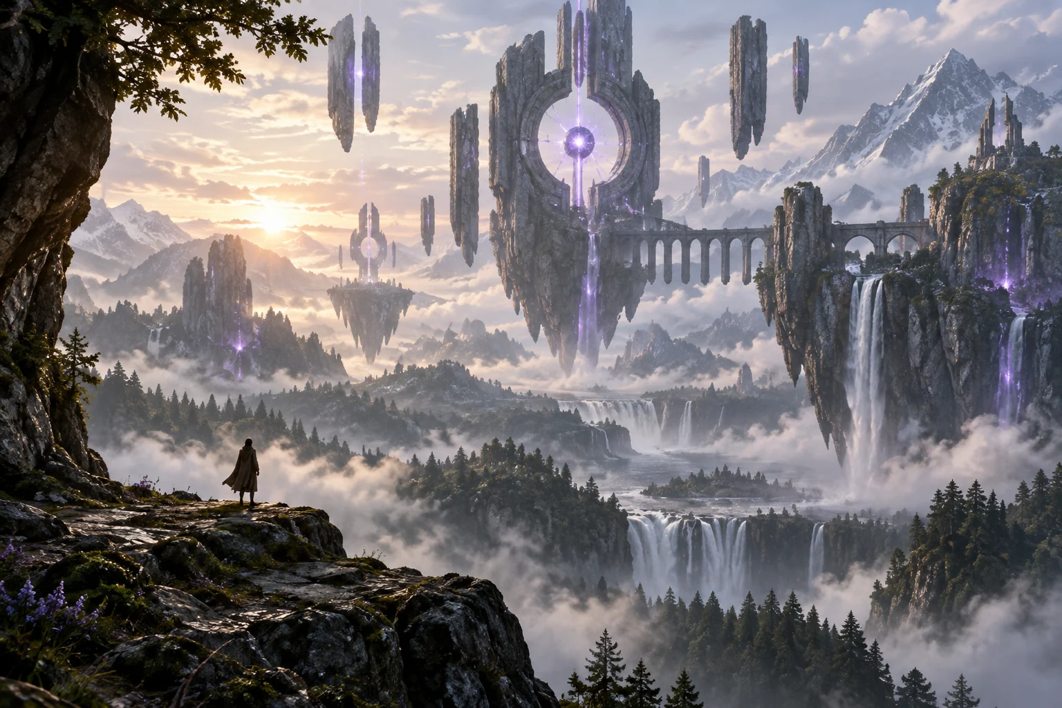 Original cinematic game environment with floating architecture above a mountain valley