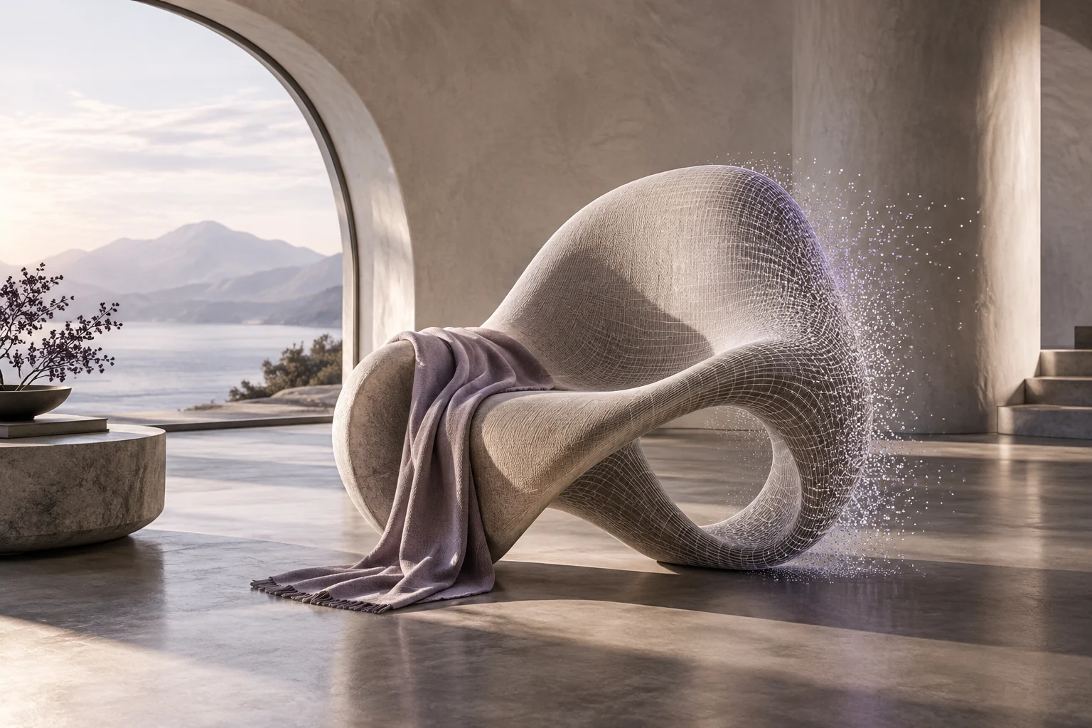 Sculptural chair transitioning between a rendered surface and fine 3D geometry